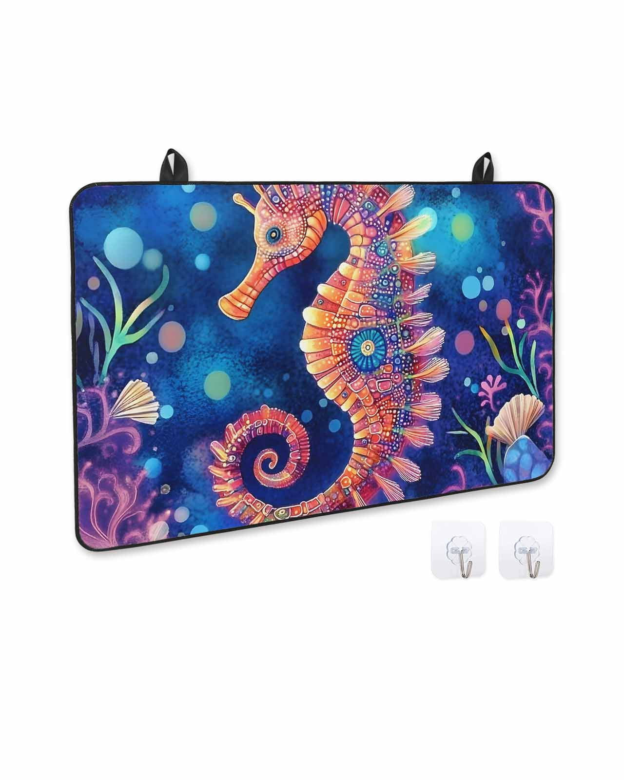 nqOlkjepod Large Induction Cooktop Protector Mat 24"x21", Coastal Seahorse Stove Top Covers for Electric Stove, Summer Watercolor Ocean Coral Stove Burner Cover Mats, Glass Top Stove Cover