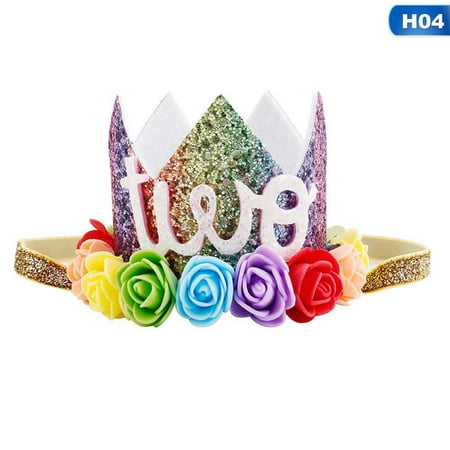 AkoaDa New Rainbow Color Baby Kids Sequin Glitter Princess Crown Girls Tiara 1St 2Nd Birthday Hat Colorful Flower Sparkle Headband