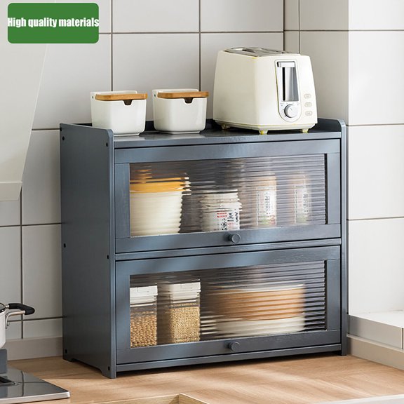 2-Tier Kitchen Bamboo Storage Cabinet Pantry Sideboard with Acrylic Door Corner Bread Box Countertop Storage Cabinet for Spice Seasoning Bottles Dish Bowl Food Storage Grey