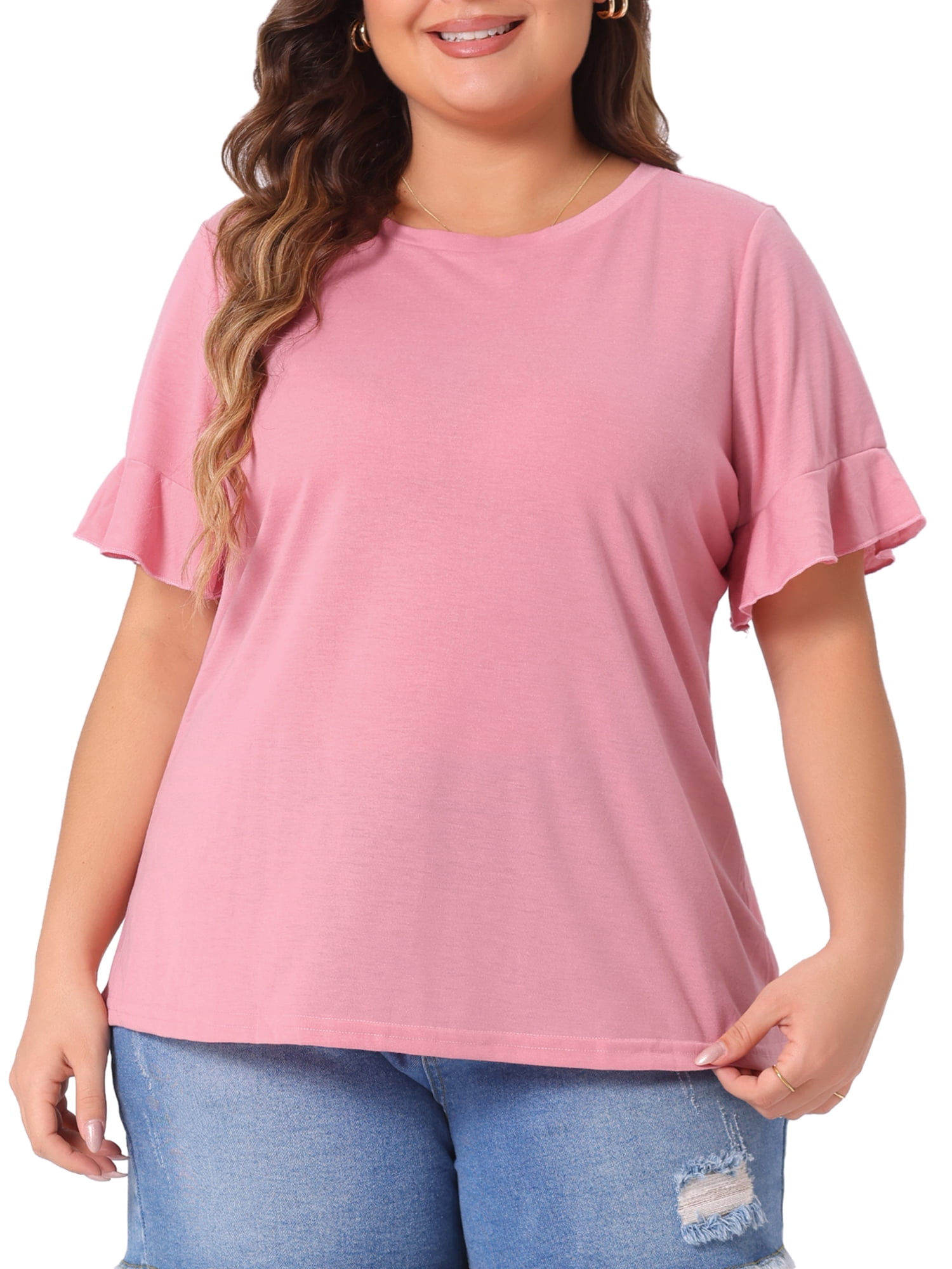 DARING DIVA Women's Plus Plain Crew Neck Ruffle Short Sleeves Blouse 4X Pink
