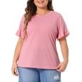 thumbnail image 2 of DARING DIVA Women's Plus Plain Crew Neck Ruffle Short Sleeves Blouse 3X Pink, 2 of 6