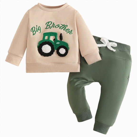 NOLDARES Baby Boy Fall Clothes Boys Fall/Winter Embroidery Long Sleeve Elastic Waist Everyday Outfit Set 2Pcs(T217-Green)
