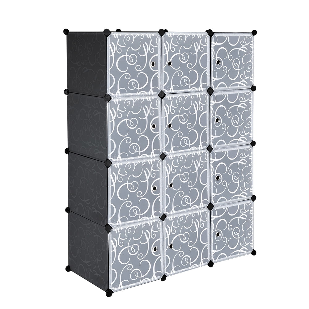 Private Jungle 12 Cubes Shelves Units, Closet Cabinet Bookshelf, DIY Plastic Modular Storage Cube Organizer w/Pattern White Doors and Hammer - Black
