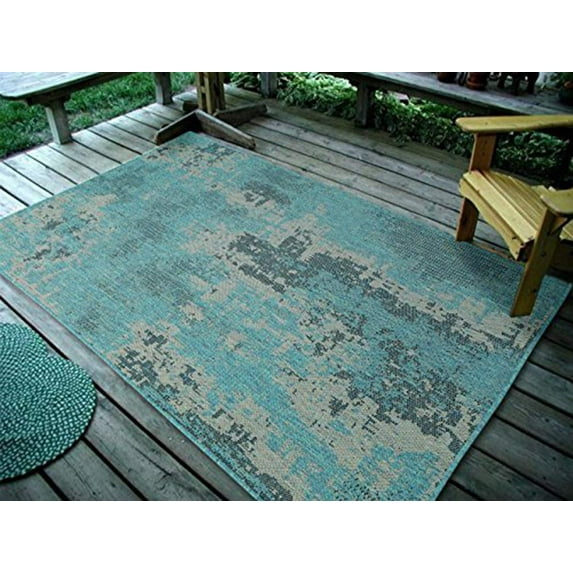 6'7" x 9'7" Vintage Faded Design, Ocean Indoor & Outdoor Rug - 1126