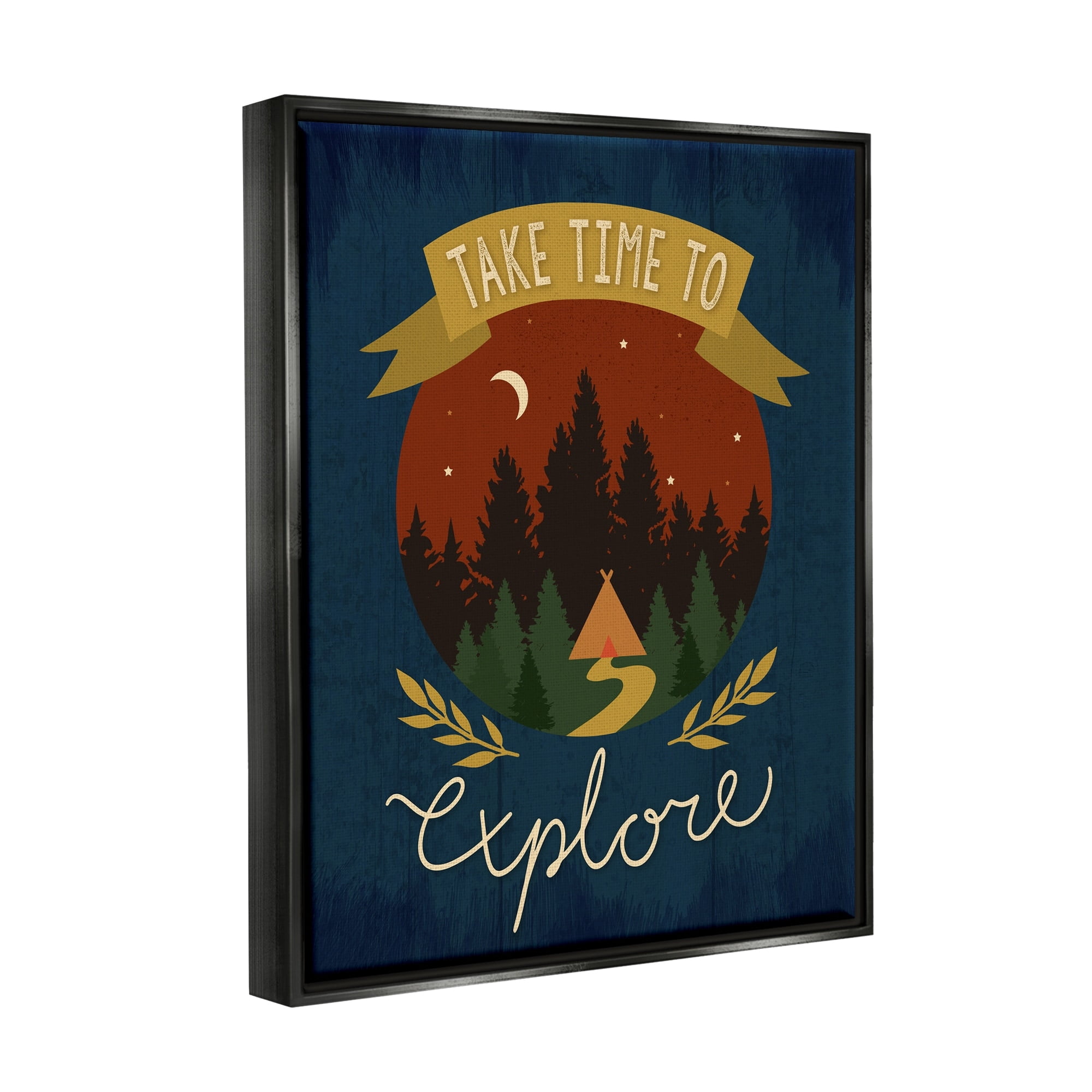 Stupell Industries Time To Explore Woodland Adventure Nighttime Scene Graphic Art Metallic Gold Floating Framed Canvas Print Wall Art, Design by Louise Allen