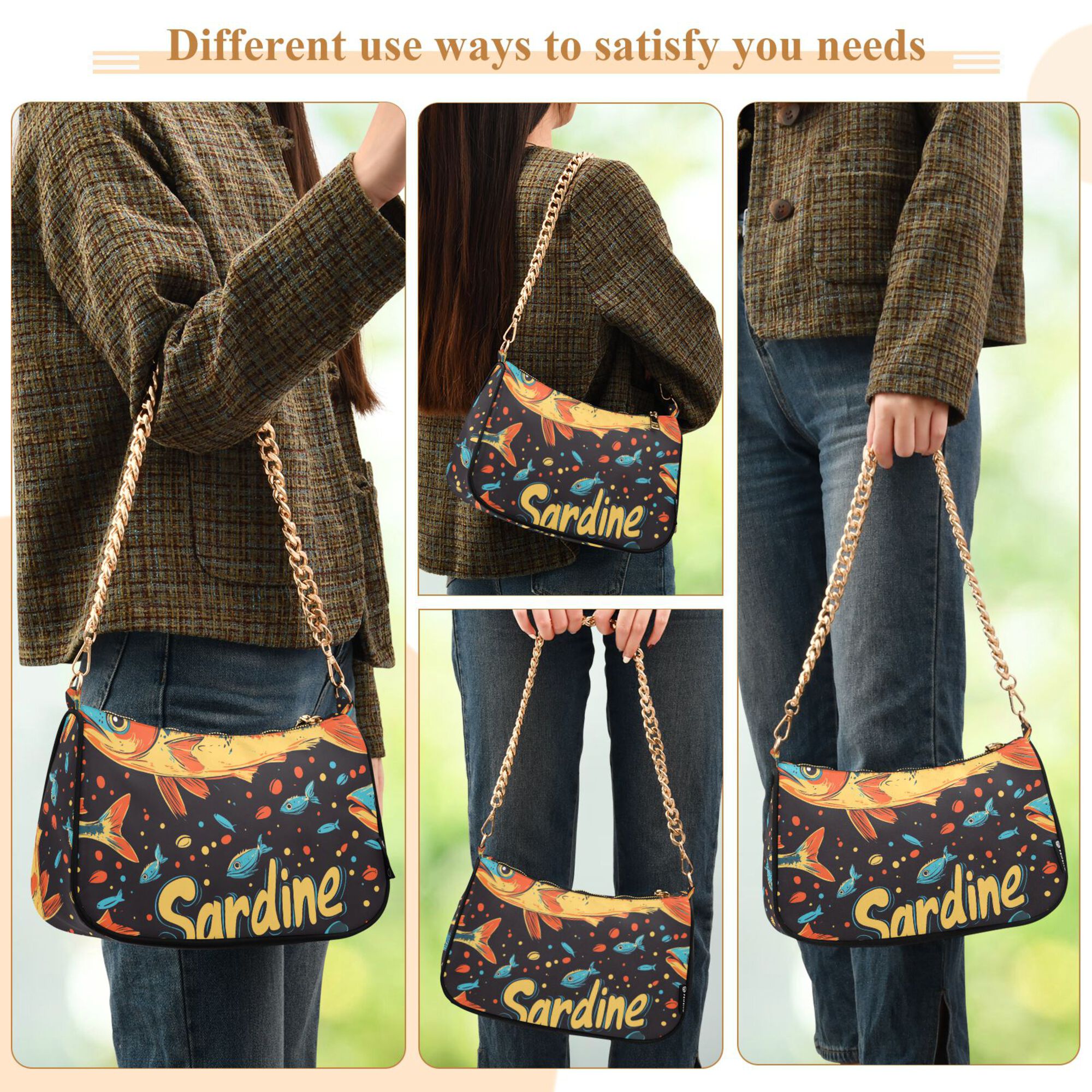 FORMRS Womens Shoulder Bag with Chain Strap Clutch Purse Cute Tote Handbag, Black Sardines Pattern