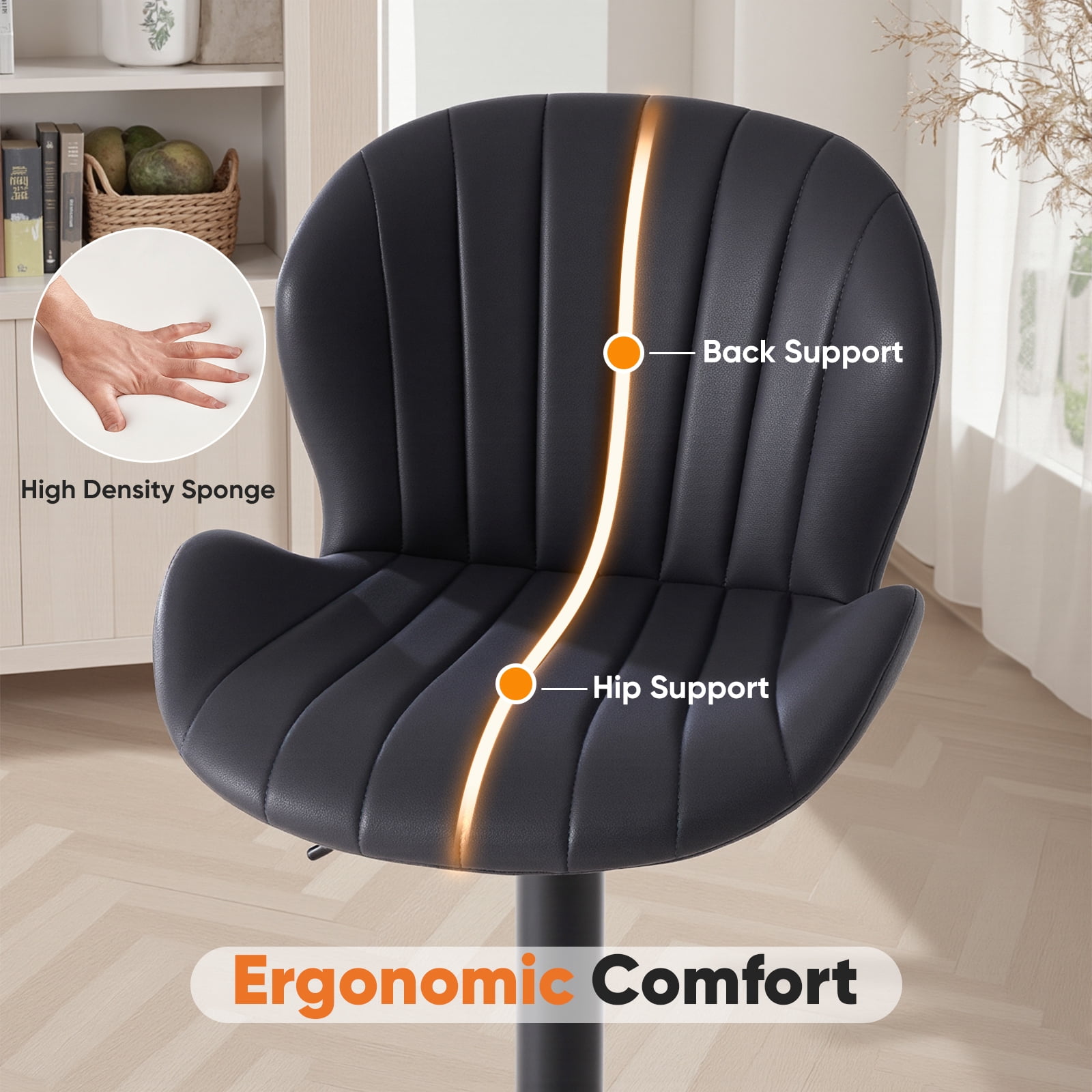 EDX Bar Stools Set of 2, Modern Adjustable Armless Swivel Counter Stools with PU Leather, Black