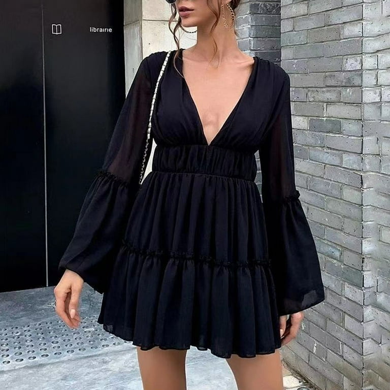 Womens Beach Vacation Mini Dress Trumpet Long Sleeves Plunge V Neck Pleated  Dress Plain Flowy Chiffon Sundresses - Walmart.com