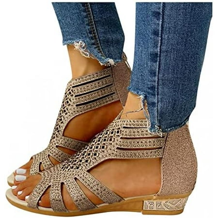 

Womens Boho Sandals Low Wedges Open Toe Diamond Casual Summer Dressy Platform Sandals for Women