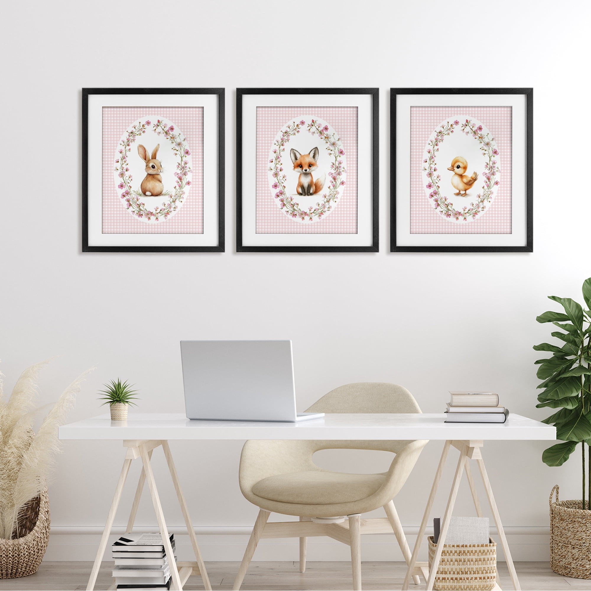 Stupell Industries Spring Gingham Animals 3 Piece Black Framed Print Under Glass Set, design by Christine Simpson Art