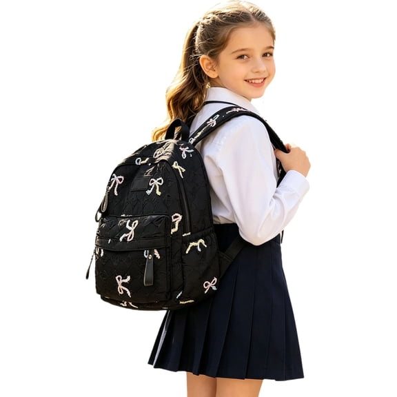 Weebloom Bow School Backpack For Kids Girls Cute Bow Tie Print Daypack Large Bookbag Elementary Middle School Black