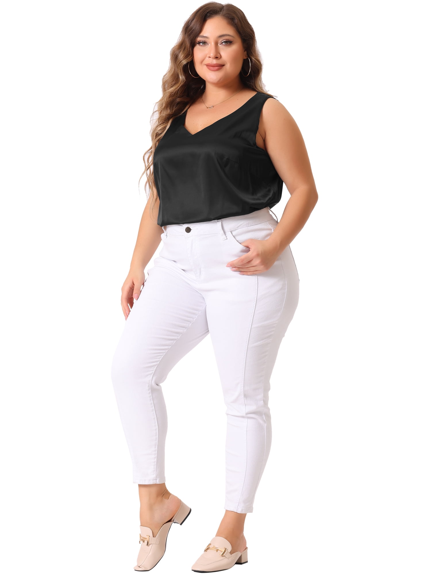 DARING DIVA Women's Plus Casual Silk Satin Tank Top V Neck Cami Blouse 1X Black