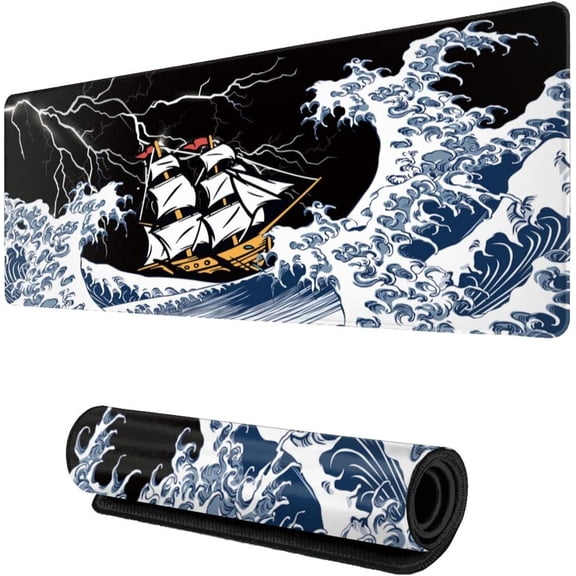 Japanese Wave Lighting Sailing Ship Gaming Mouse Pad XL, Large Non Slip Rubber Mousepad, Stitched Edges Desk Pad, Long Extended Mice Pad,31.5'''' X 11.8''''