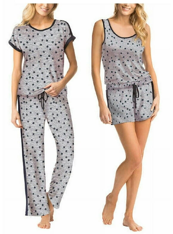 Lucky Brand Ladies' 4 piece PJ Set Nightwear (Grey Star, Large)