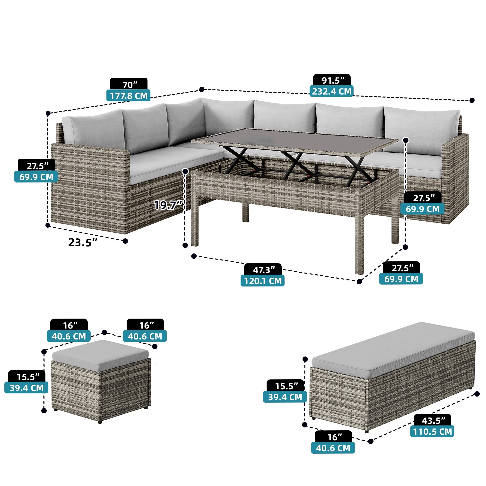 Dextrus Patio Wicker Furniture Set, 6-Piece Outdoor Sectional Sofa with Stools and Lift-Top Coffee Table, All-Weather Conversation Set for Garden, Backyard, Gray
