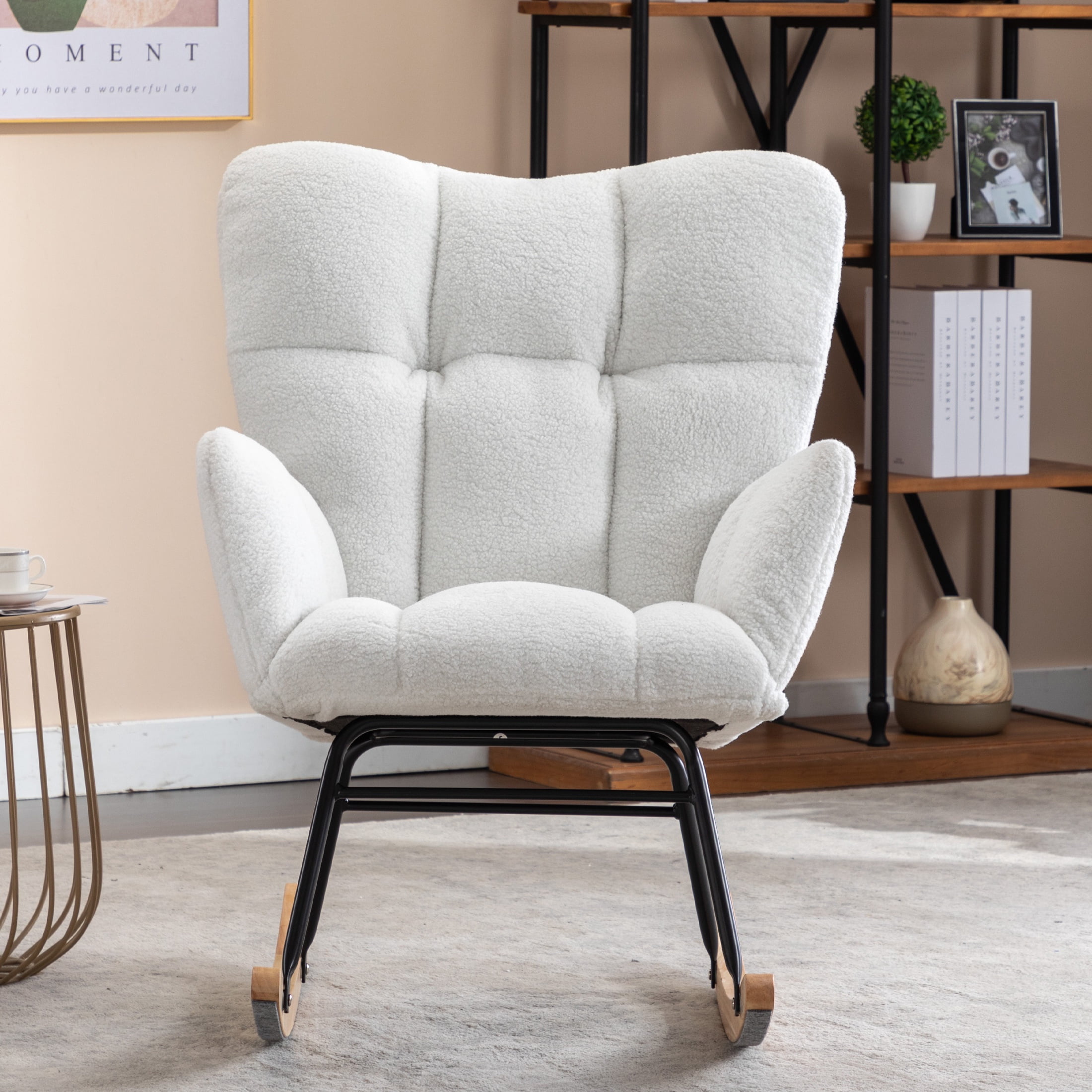 PORKISS Modern Rocking Chair, Upholstered Teddy Fabric Accent Chairs with High Backrest, Glider Rocker Comfortable Armchair with Padded Seat for Living Room Bedroom Playroom, Ivory