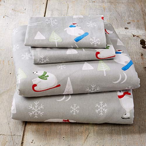100% Turkish Cotton Queen Holiday Flannel Sheet Set | Deep Pocket, Soft Sheets | Warm, Double Brushed Bed Sheets | Anti-Pill Flannel Sheets by Great Bay Home (Queen, Polar Bears)