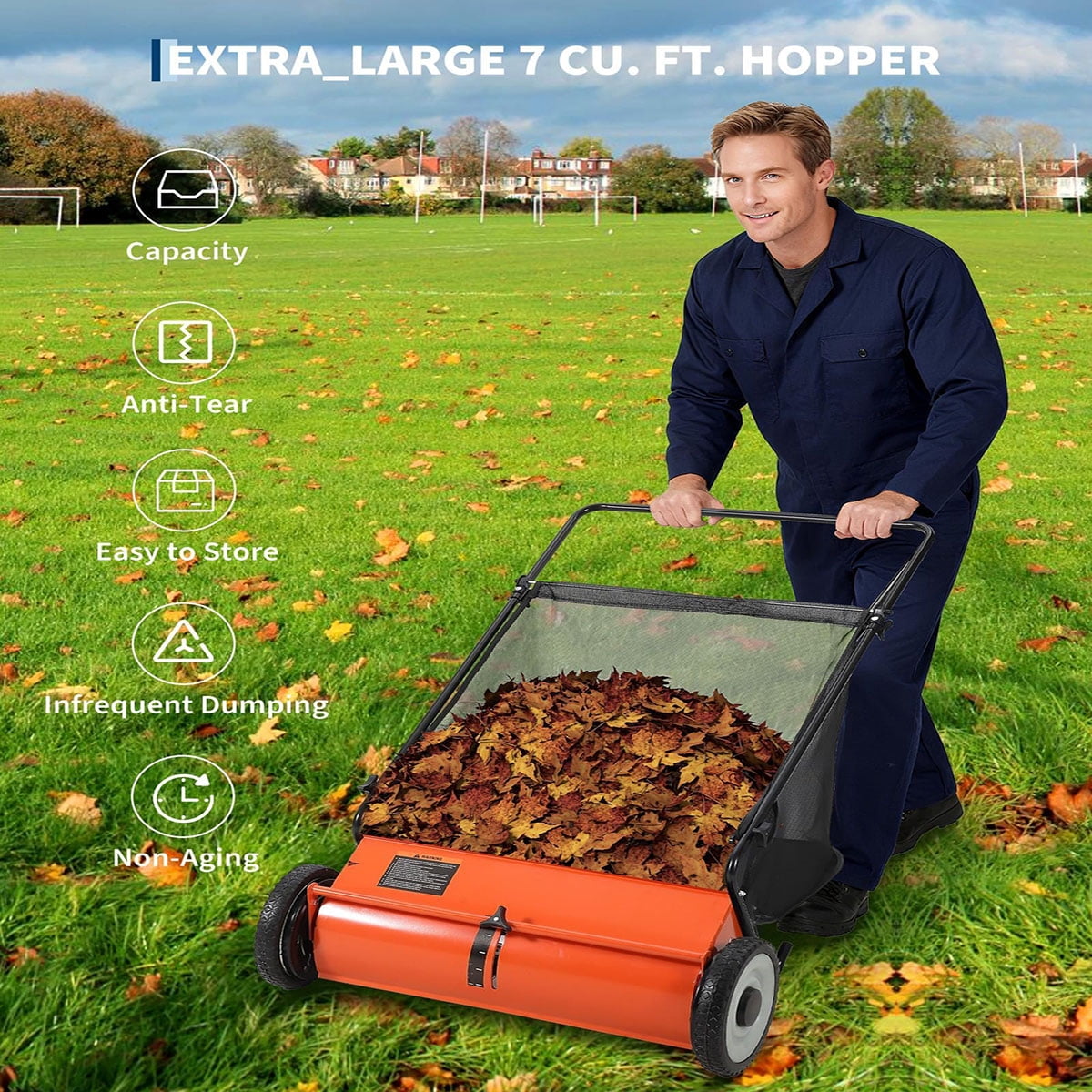 Soonbuy 26 inch Push Lawn Sweeper, 7 Cu. Ft. Hopper Capacity Grass Sweeper, Manual Push Yard Sweeper with Height Adjustment & 4 Fast Spinning Brushes for  Grass, Lawn and Leaf Cleanup