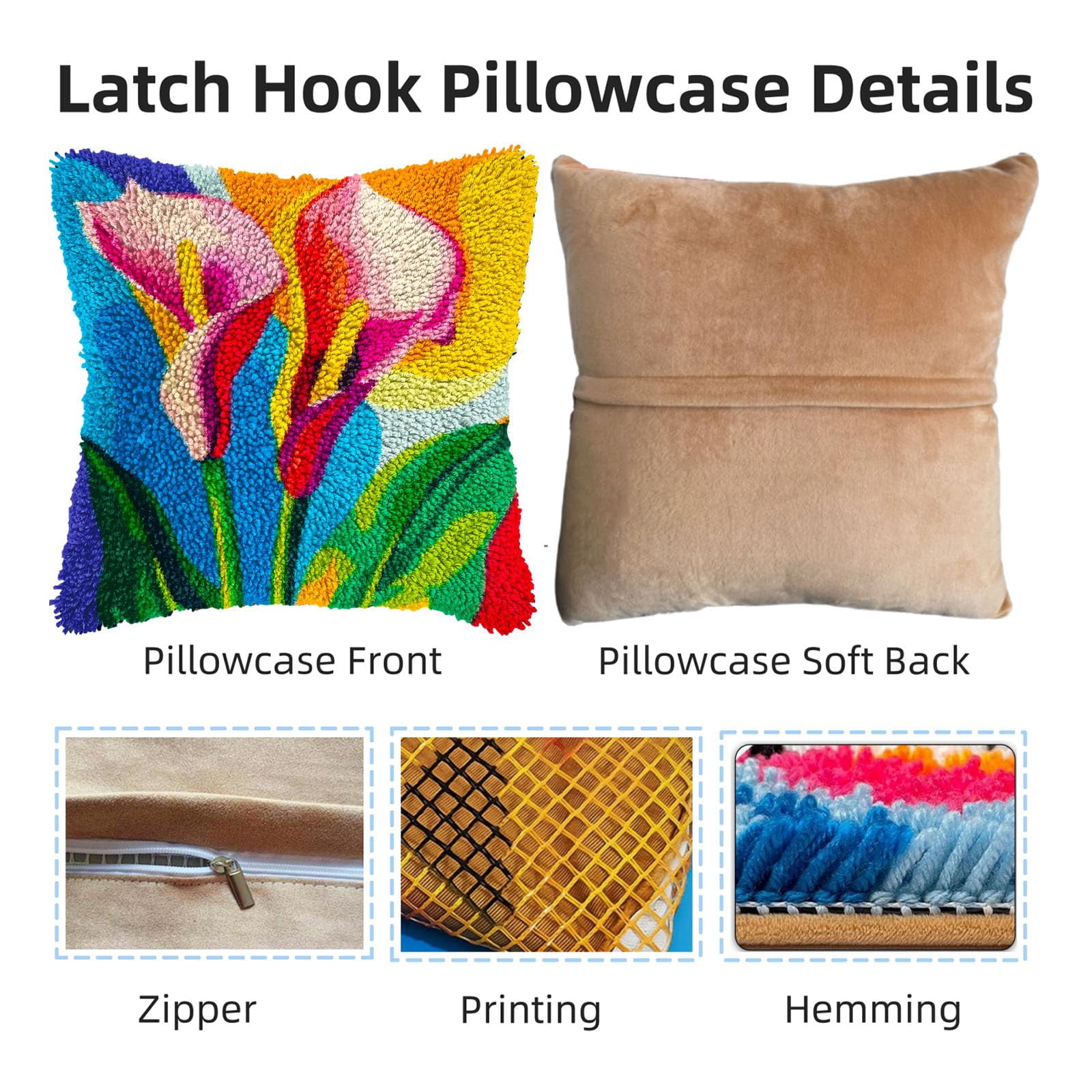 Colored Calla Lily Flower DIY Latch Hook Pillow Kits for Adults Printed Pillowcase Crochet Yarns Hooking Handmade Pillow Cover Cushion for Home Sofa Decoration 17x17inch