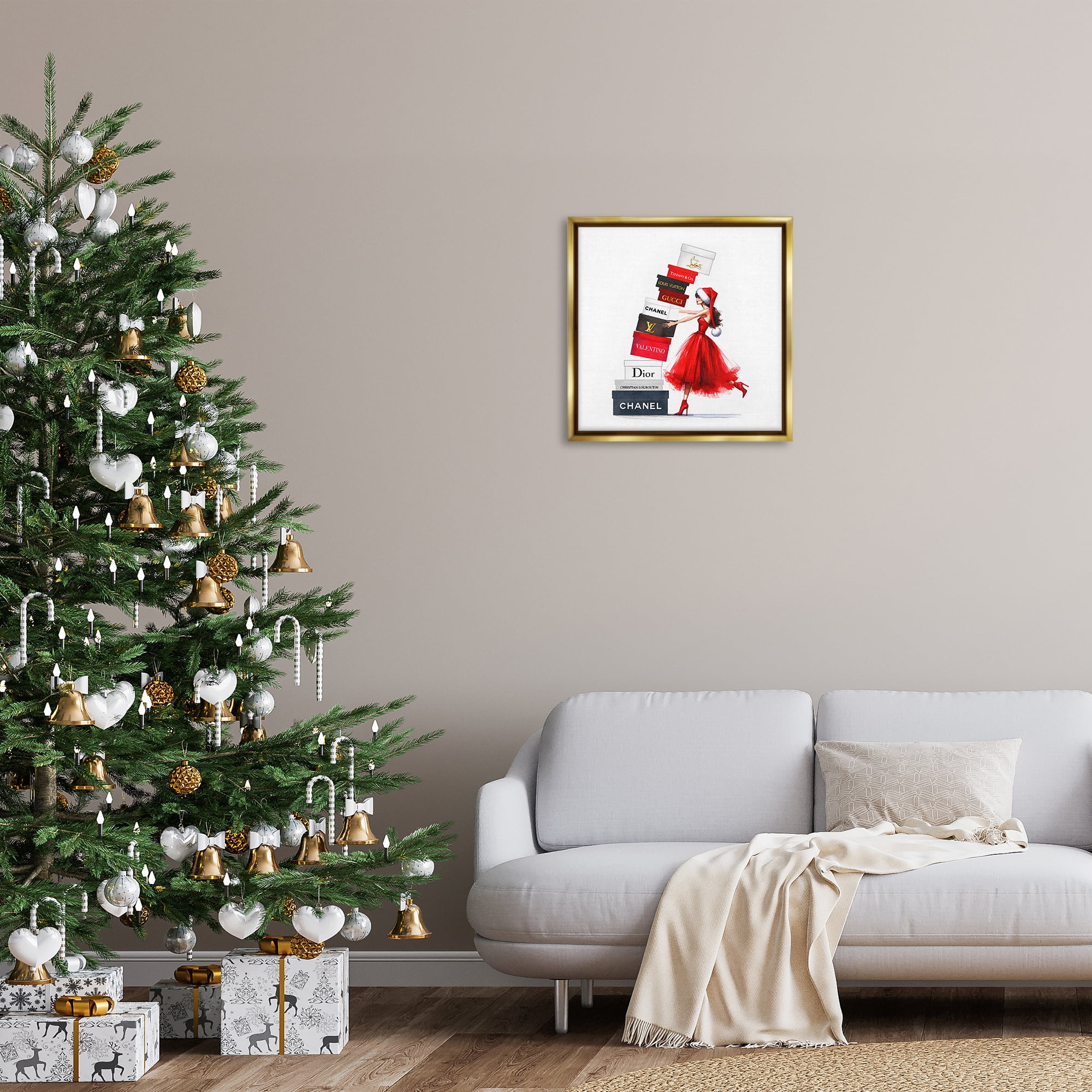 Stupell Industries Holiday Glam Shopping Boxes Holiday Painting Gold Floater Framed Canvas Art Prints Wall Art, 25 x 25