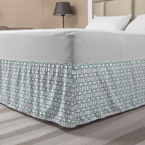 Abstract Bed Skirt, Ornamental Style Squares Geometric Stars Green Stripes and Small Plus Shapes, Elastic Bedskirt Dust Ruffle Wrap Around for Bedding Decor, 4 Sizes, Pale Green White, by Ambesonne