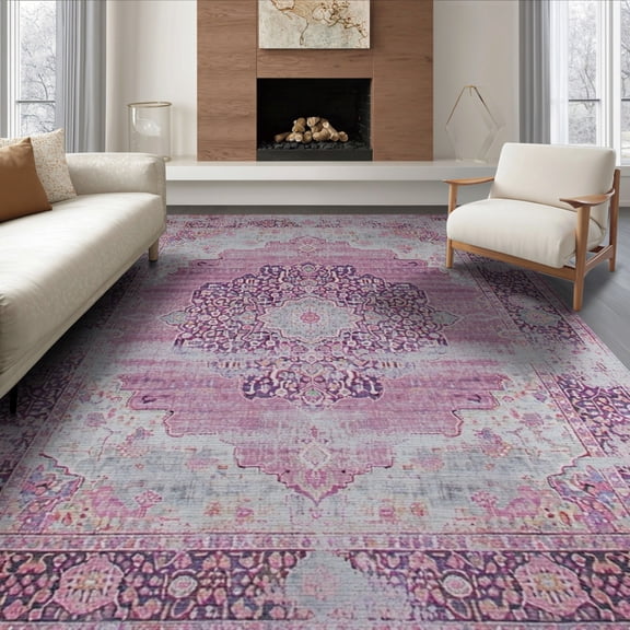 ODIKA 8'x10' Washable Area Rug Non-Shedding, Easy Care, Purple Vintage Plum Distressed Scroll Border Pink Mauve Boho for King Size Bedroom Under Bed, Master Suite