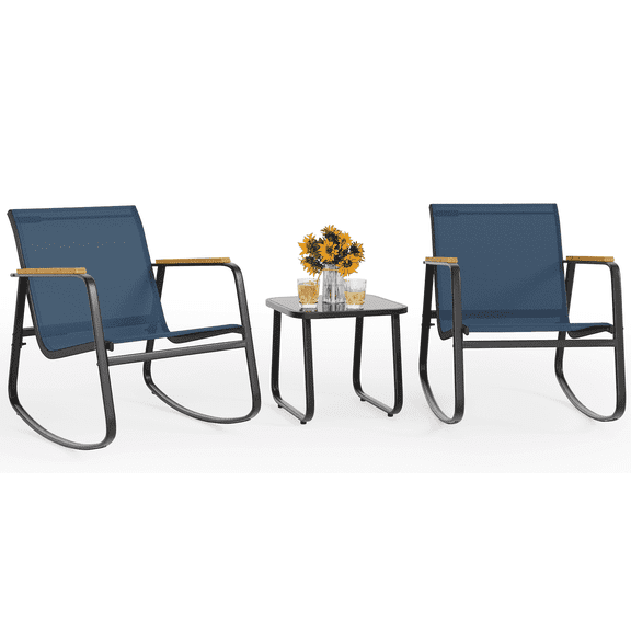 Noelse 3 Piece Outdoor Textilene Rocking Bistro Set, Patio Furniture Set with Heat-Resistant Armrests and Coffee Table for Porch, Balcony, Blue