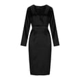 thumbnail image 5 of Women Satin Long Sleeve Dress - Tie Waist V Neck Silk Elegant Formal Cocktail Wedding Guest Bodycon Midi Dresses, 5 of 7