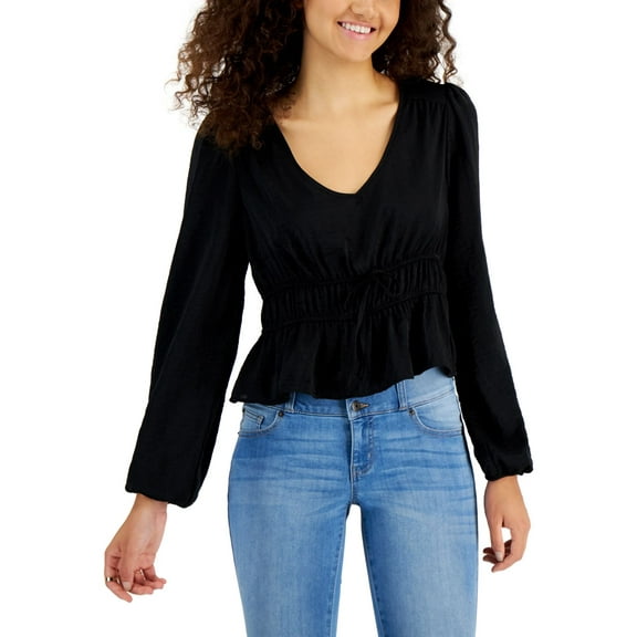 Hippie Rose Juniors Cropped Peasant Top,Black,Medium