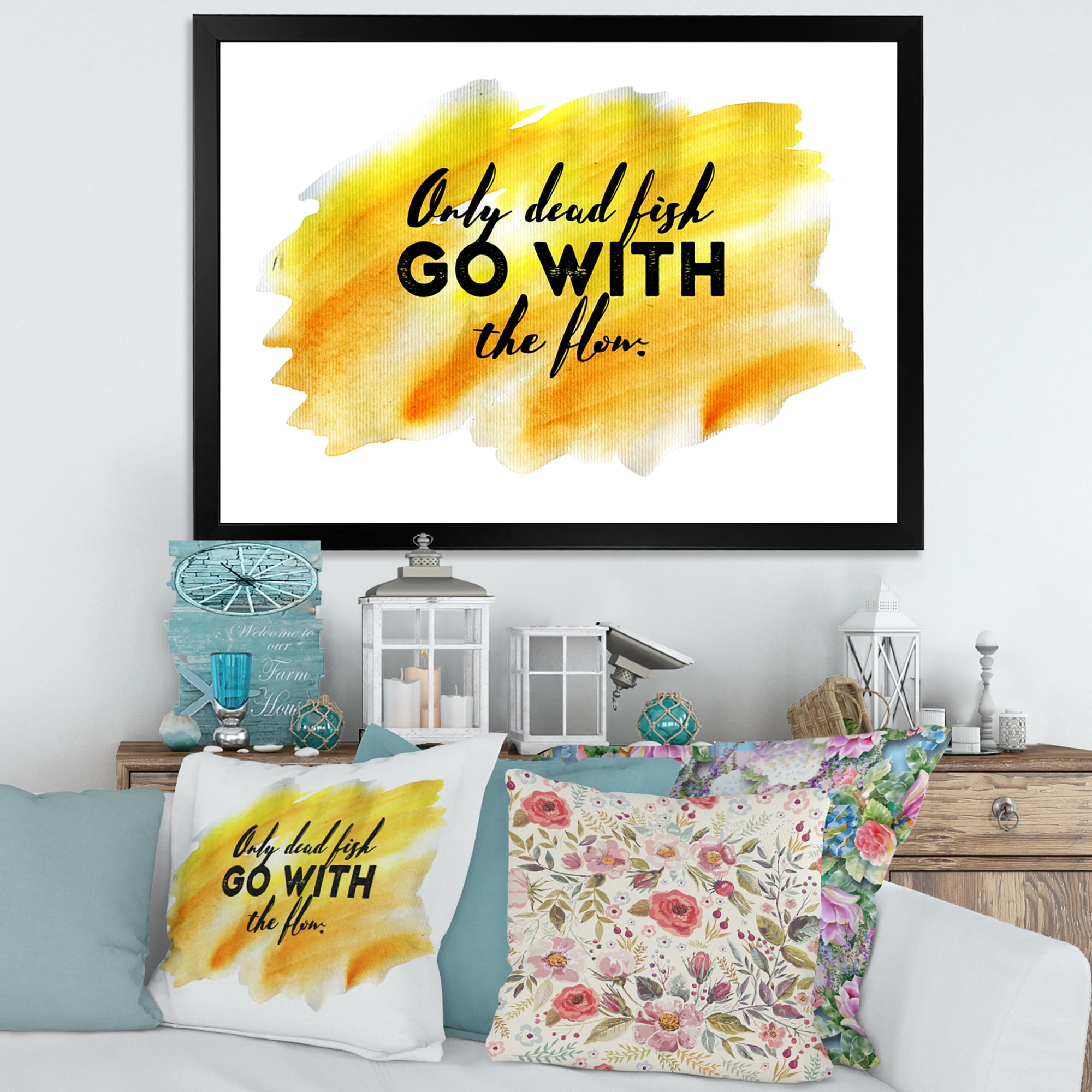Designart 'Only Dead Fish Go With The Flow On Yellow Strokes' Modern Framed Art Print