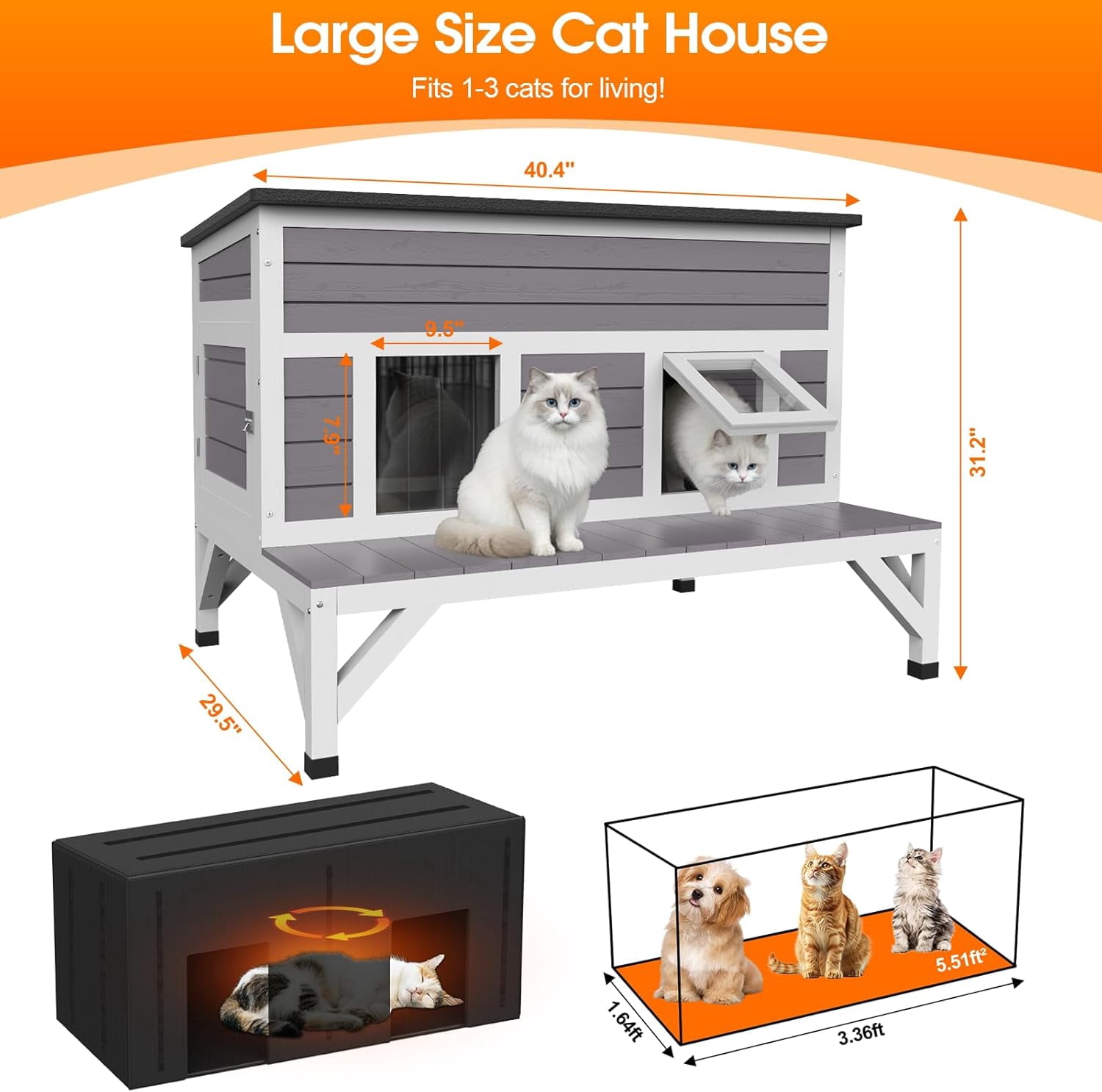 HomeSheek 40.4" Outdoor Cat House with Insulated Liner, Weatherproof Shelter with Platform, Easy Assembly & Cleaning, Safe Indoor/Outdoor Home