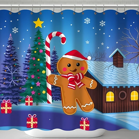 Whimsical Gingerbread Man Christmas Shower Curtain with Tree Candy & Snowy Cabin Festive Holiday Decor