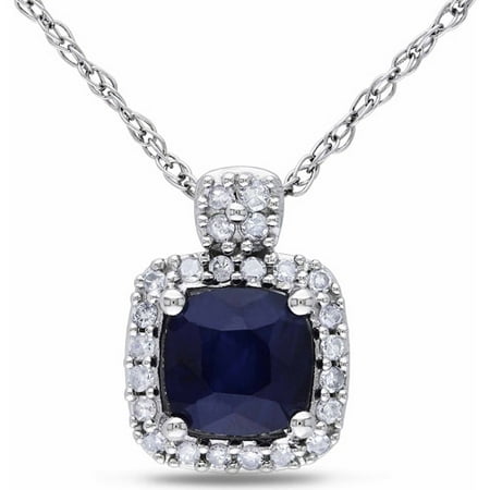 3/4 Carat T.G.W. Cushion-Cut Blue Sapphire and 1/10 Carat T.W. Diamond 10kt White Gold Halo Pendant, 17