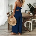 thumbnail image 4 of ZEHJUHAN Women's Solid Color V-Neck Wide Leg Jumpsuit with Adjustable Straps Back Tie Backless Design Summer Vacation Wear Dark Blue，XXL, 4 of 5