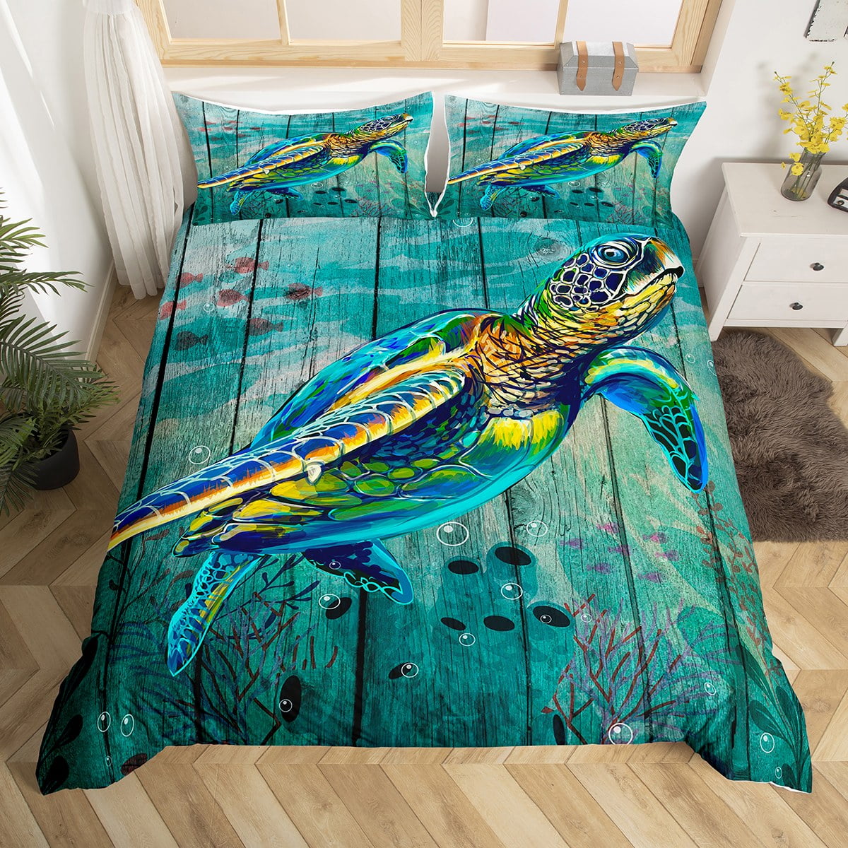 YST Ocean Themed Bedding Sets Full Cute Sea Turtle Comforter Cover for Boys Girls, Coastal