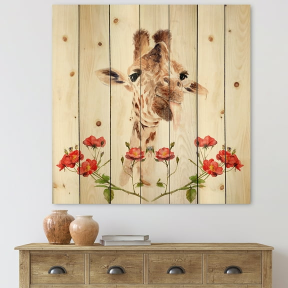 Designart 'Portrait of A Giraffe With Red Flowers I' Farmhouse Print on Natural Pine Wood