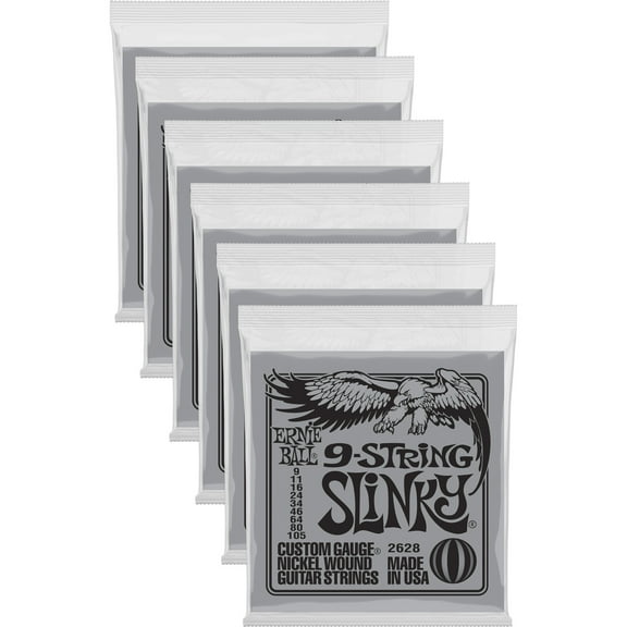 6 PACK Ernie Ball 2628 9-String Slinky Nickel Wound Electric Guitar Strings (9 - 105)