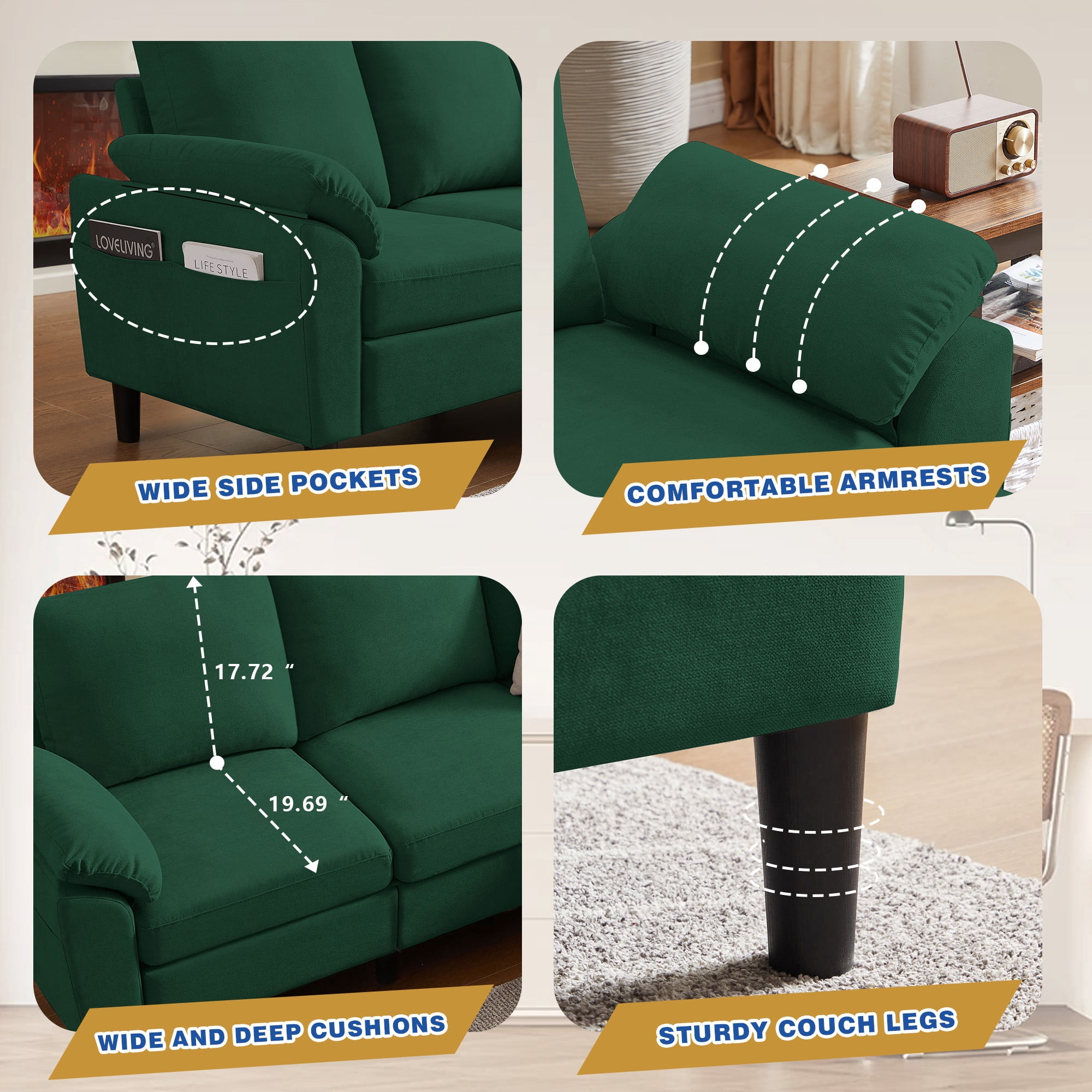 Jarenie 80" Convertible Sectional Sofa, Small L Shaped 3 Seat Couch with Reversible Storage Chaise, Modern Polyester Fabric Sofa Couches for Living Room, Apartment and Small Space, Green