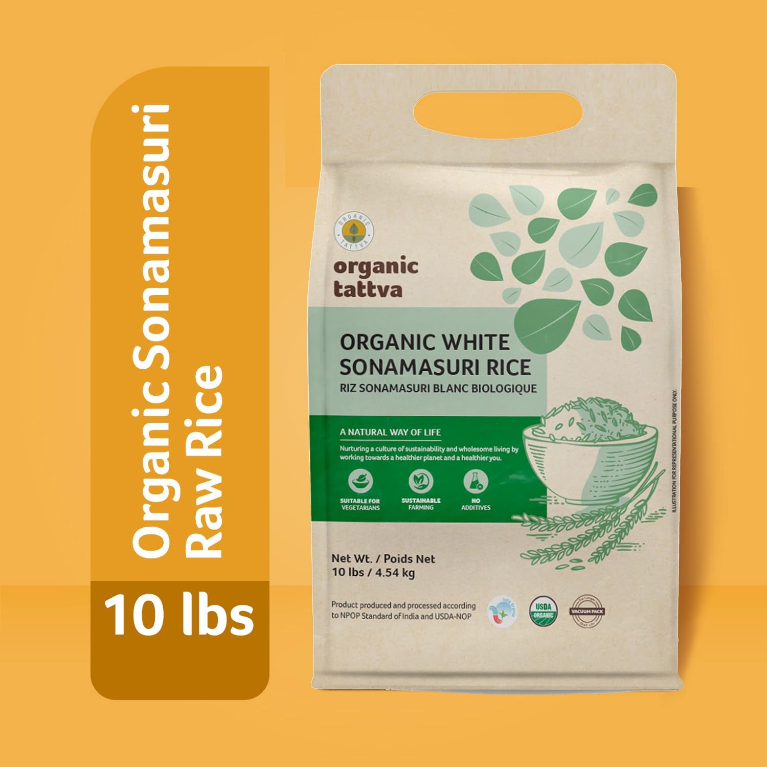 Organic Tattva White Medium Grain Rice 10LB, Lightweight & Naturally Aromatic Sonamasuri Rice, Vegan, Kosher, Non GMO, No Additives, Gluten Free, USDA Certified
