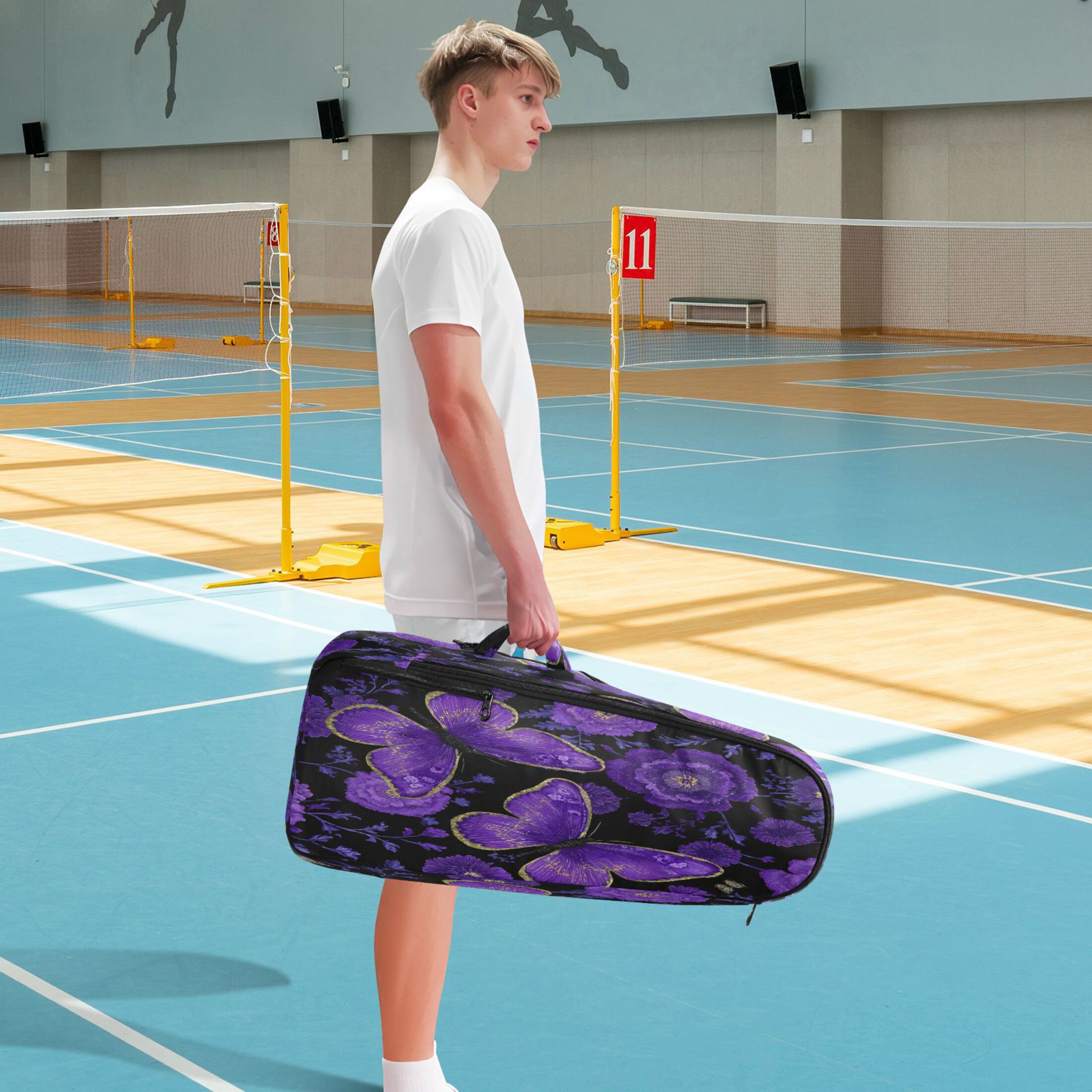 2 Racquet Holder Tennis Backpack Tennis Racket Covers Gym Bags Retro Purple Butterfly and Flowers
