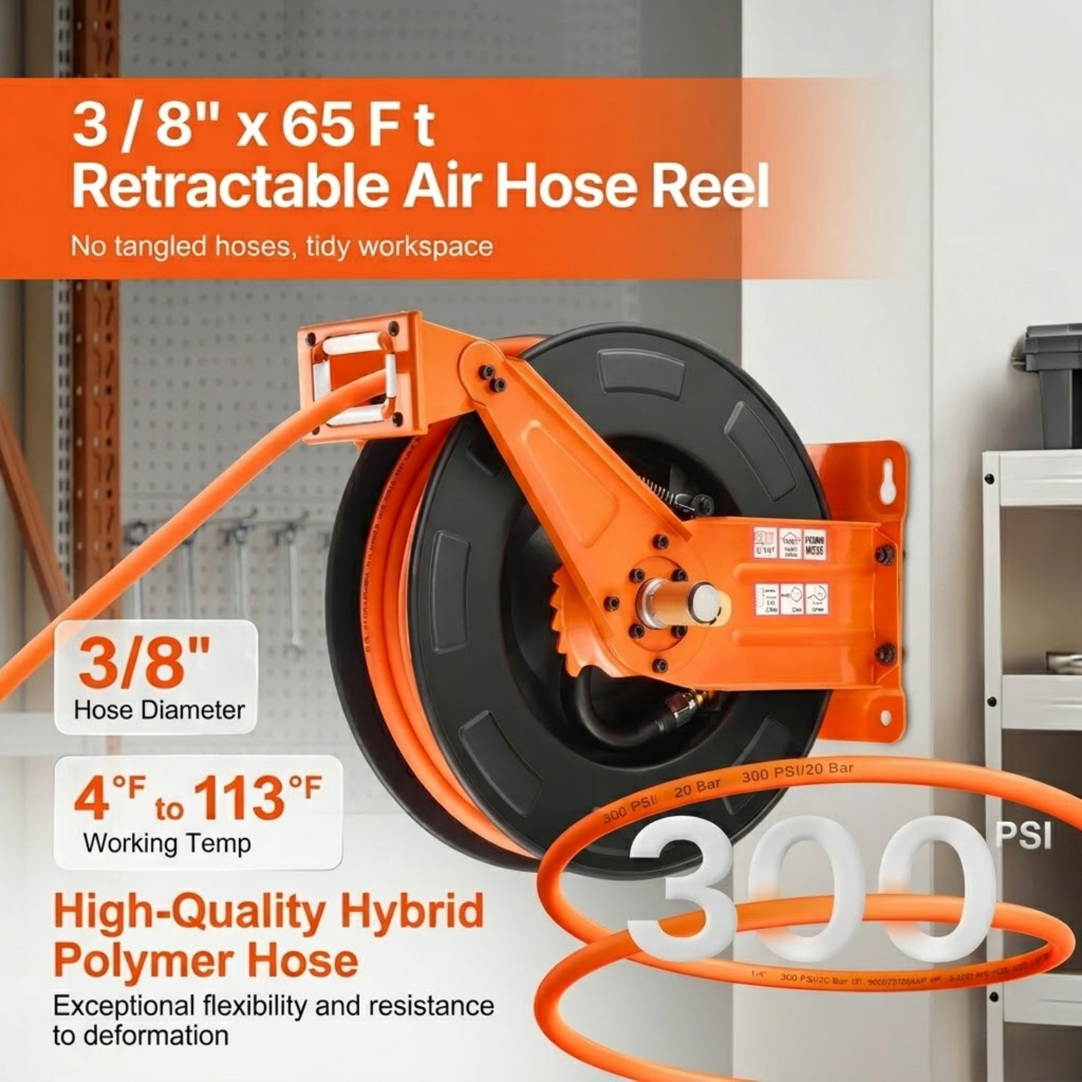 3/8" x 65 ft Retractable Air Hose Reel, Heavy Duty Double Arm Steel Reel with 300 PSI Hybrid Hose