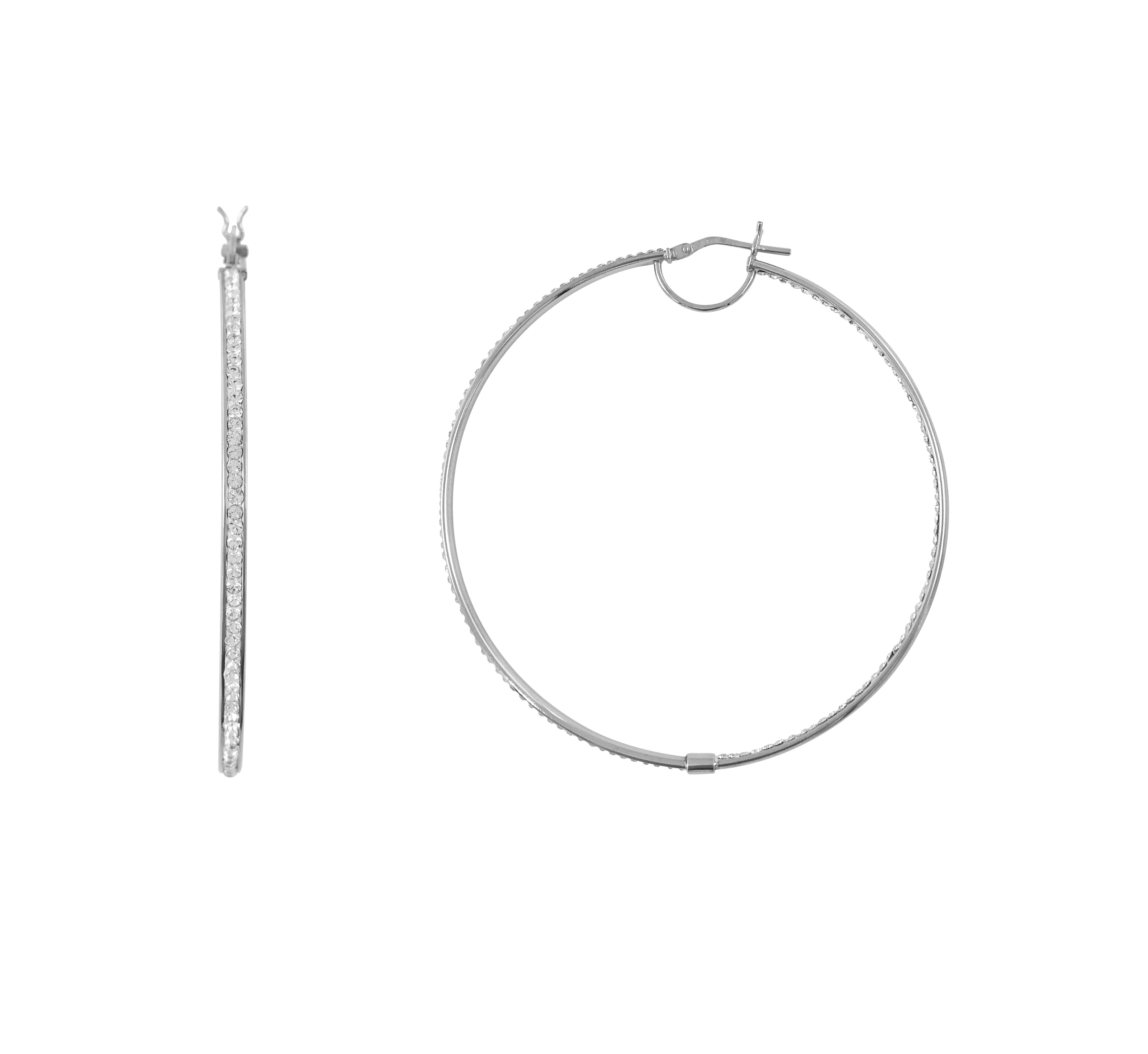 Brilliance Fine Jewelry Women's Rhodium Plated Sterling Silver In-Out Crystal Round Hoop Adults Earring