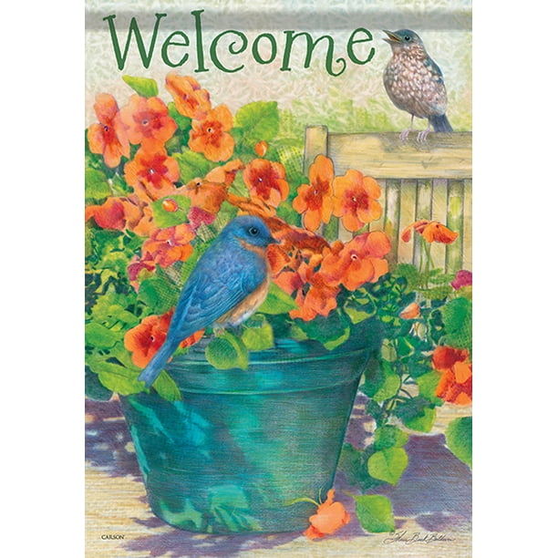 Bluebirds & Flower Pot Spring House Flag Floral Double Sided 28