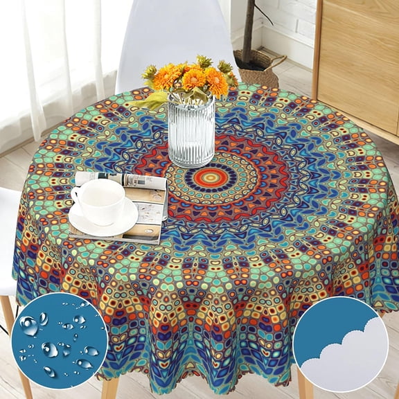 Boho Round Tablecloth 60 inch for Dining Kitchen Party Indoor Outdoor | Washable Bohemian Blue Circle Table Cloth Cover, Polyester, Waterproof, Stain Resistance, Wrinkle-Free, 4-6 Seats