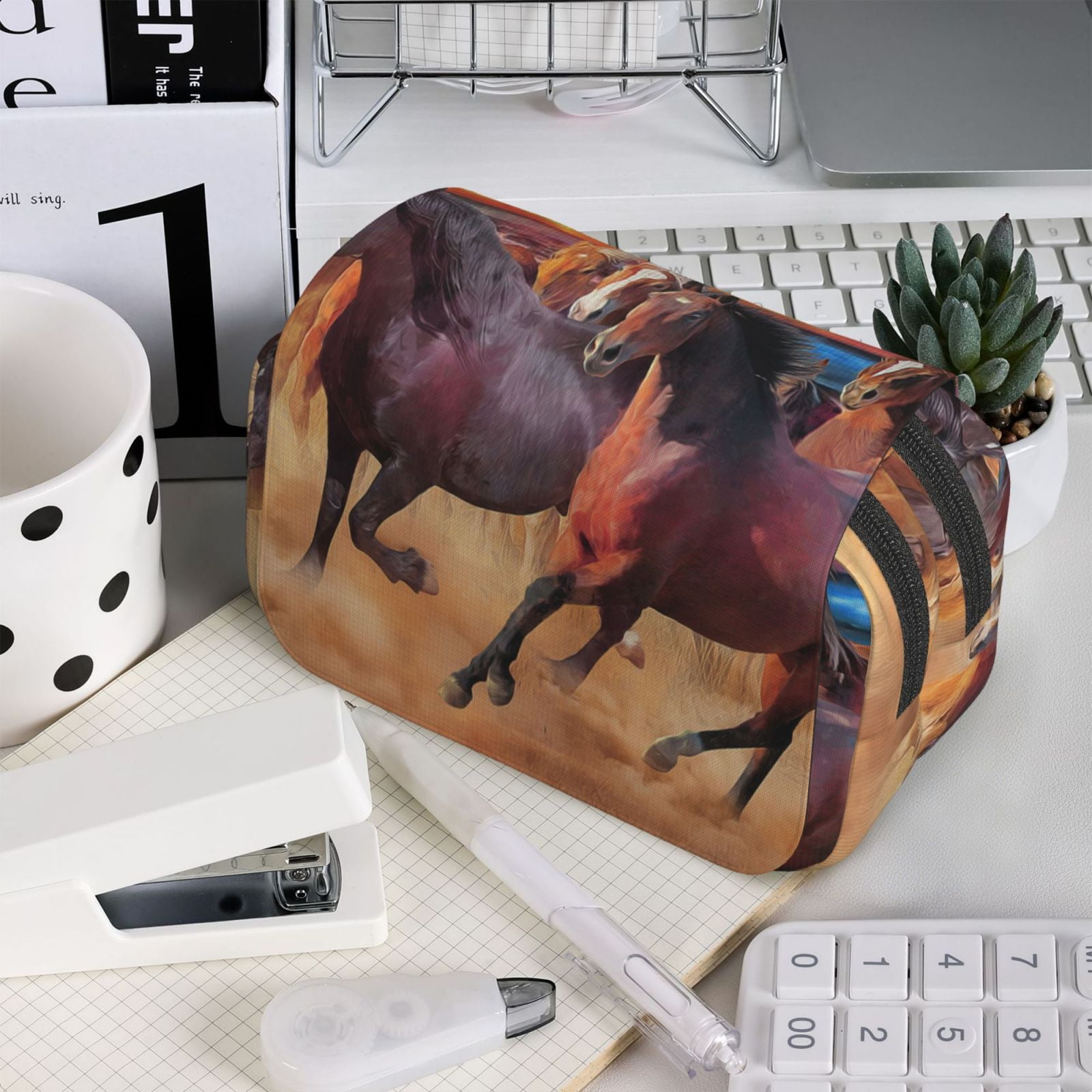 Rateoe a herd of horses Pattern Double Clamshell Pen Case, Storage Organizer with Two Zipper Compartments– Holds Up to 50 Pencils & Pens
