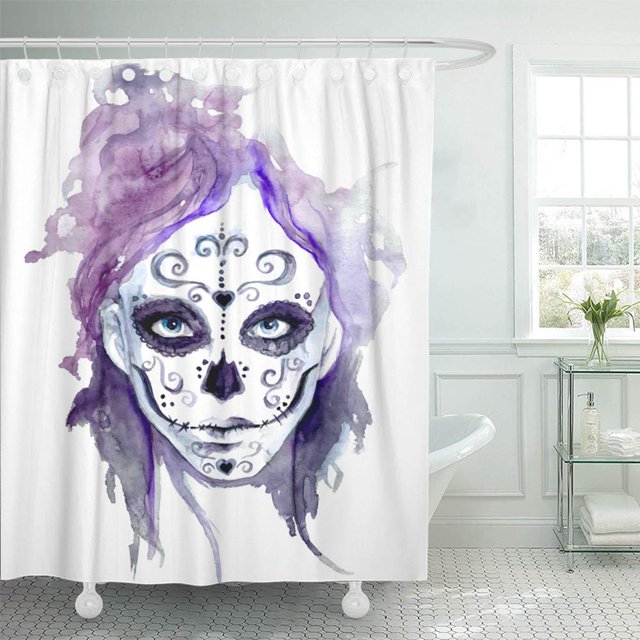 ABPHQTO Mujer Zombie niñas cabeza azúcar calavera pintura facial acuarela Scary Lady gótico tatuaje cortina de ducha cortina de baño 165x180 cm ABPHQTO PKNMT66x72Shower-12804