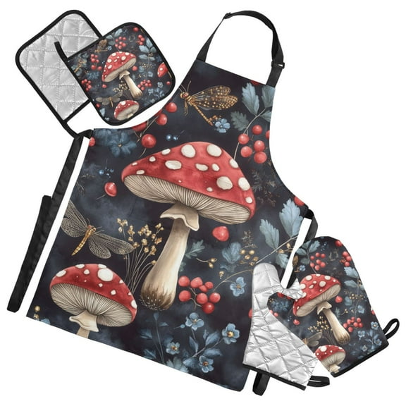 Retro Red Mushroom Oven Mitts and Pot Holders with Chef Apron Set 5 Pcs Kitchen Cooking Set