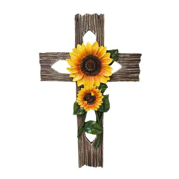 Rustic Faux Wood Wall Cross with Sunflower Accents – Farmhouse Wall Décor for Home and Prayer Room