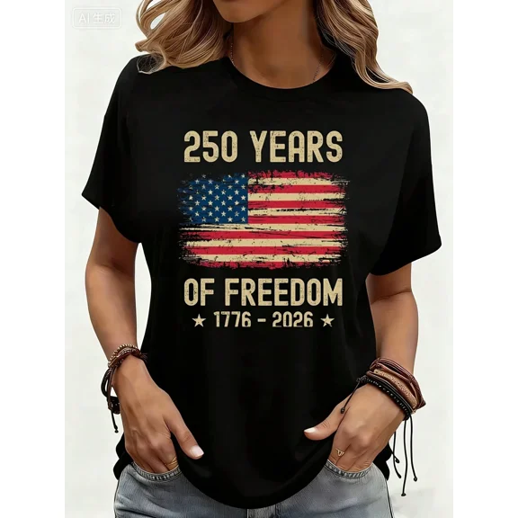 250 Years of Freedom 1776-2026 American Flag Patriotic T-Shirt, USA Semiquincentennial Graphic Tee for Men and Women