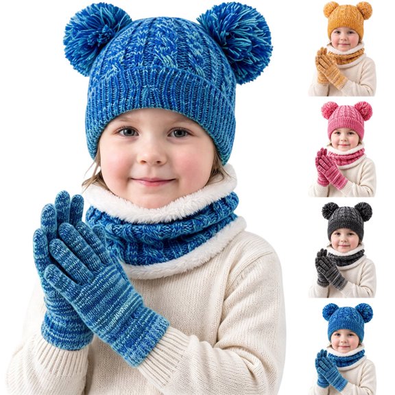 PureCasa Kids Hat Scarf Gloves Set Fleece Lined Warm Beanie Hat Scarf Gloves Three-Piece Set Kids Winter Holidays Gift
